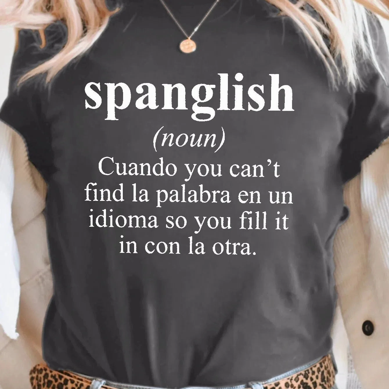Spanglish Print T-shirt, Short Sleeve Crew Neck Casual Top For Summer & Spring, Women's Clothing