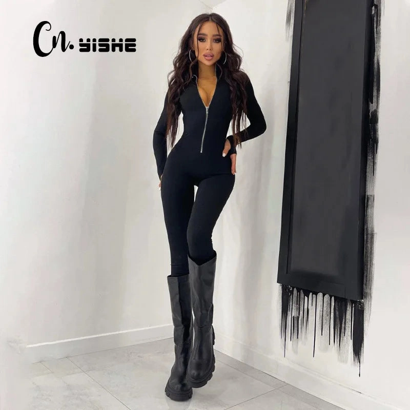 Sporty Zipper Jumpsuit for Women Long Sleeve Casual Fitness Rompers Skinny Overalls Activity Wear