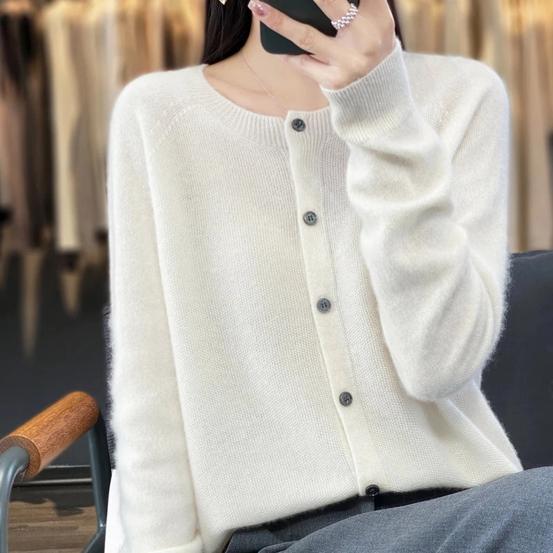 Spring and Autumn 100% Pure Merino Cashmere Sweater O-Neck Cardigan for Women