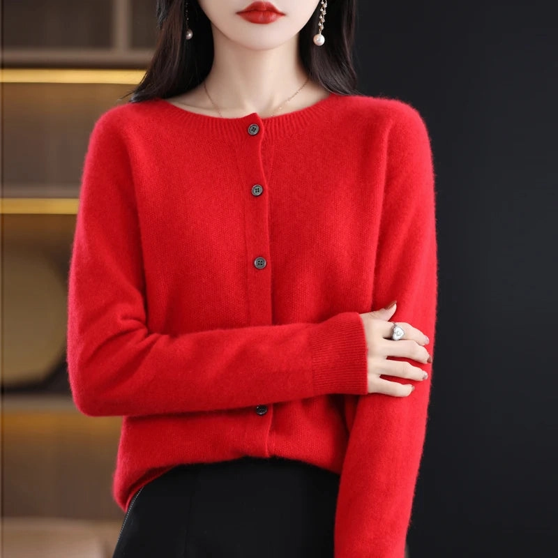 Spring and Autumn 100% Pure Merino Cashmere Sweater O-Neck Cardigan for Women