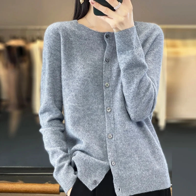Spring and Autumn 100% Pure Merino Cashmere Sweater O-Neck Cardigan for Women