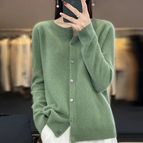 Spring and Autumn 100% Pure Merino Cashmere Sweater O-Neck Cardigan for Women