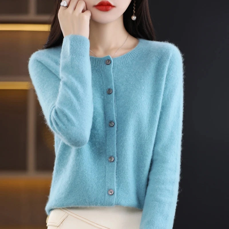 Spring and Autumn 100% Pure Merino Cashmere Sweater O-Neck Cardigan for Women