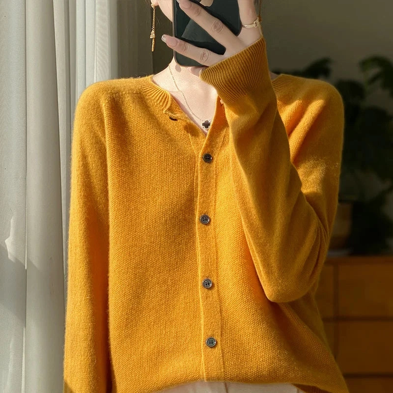 Spring and Autumn 100% Pure Merino Cashmere Sweater O-Neck Cardigan for Women