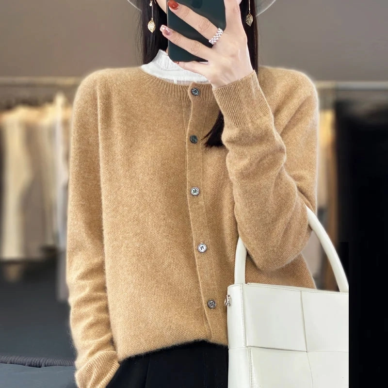 Spring and Autumn 100% Pure Merino Cashmere Sweater O-Neck Cardigan for Women