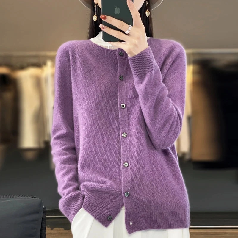 Spring and Autumn 100% Pure Merino Cashmere Sweater O-Neck Cardigan for Women