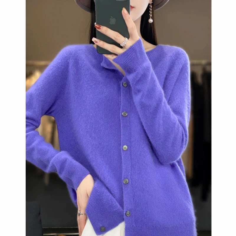 Spring and Autumn 100% Pure Merino Cashmere Sweater O-Neck Cardigan for Women