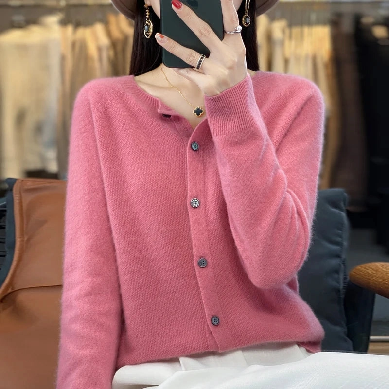 Spring and Autumn 100% Pure Merino Cashmere Sweater O-Neck Cardigan for Women