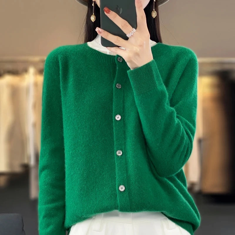 Spring and Autumn 100% Pure Merino Cashmere Sweater O-Neck Cardigan for Women