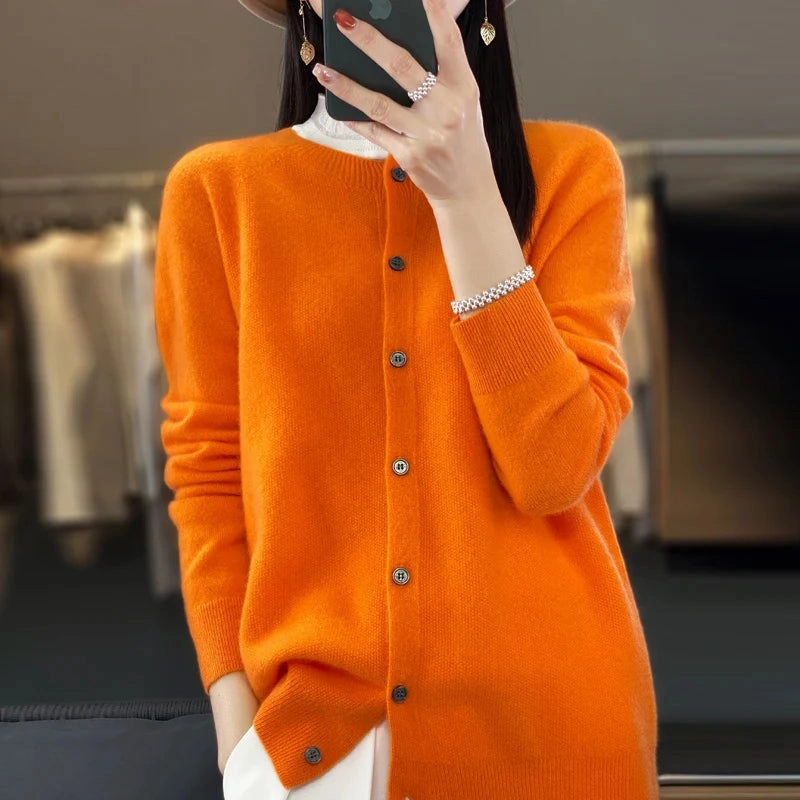 Spring and Autumn 100% Pure Merino Cashmere Sweater O-Neck Cardigan for Women