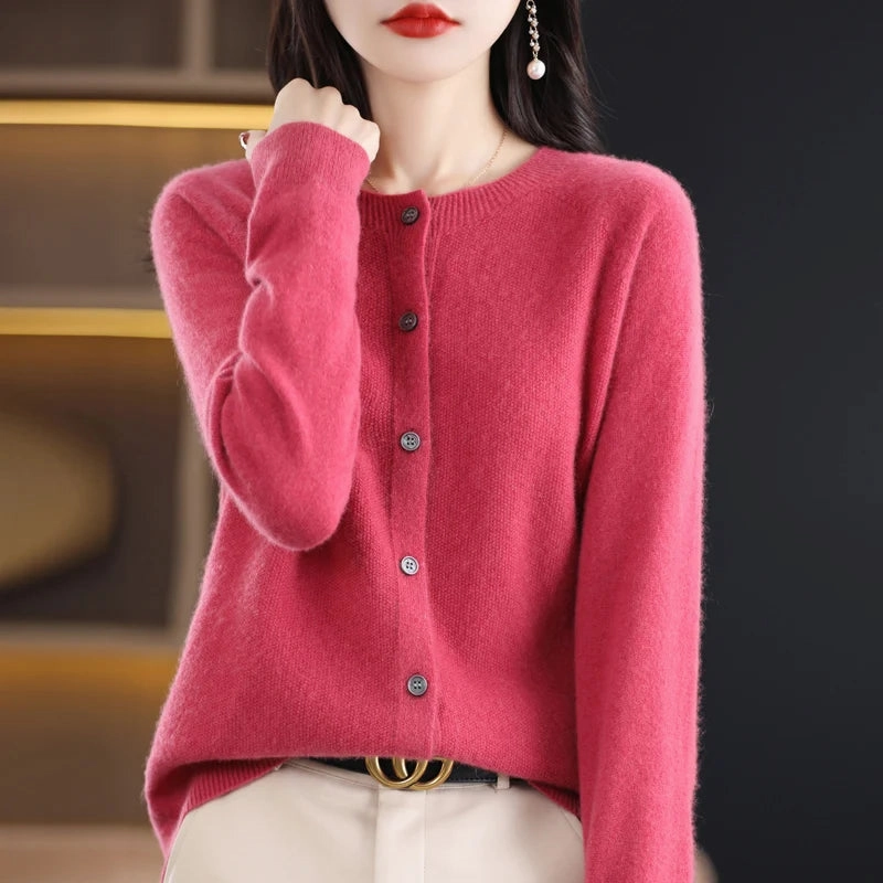Spring and Autumn 100% Pure Merino Cashmere Sweater O-Neck Cardigan for Women