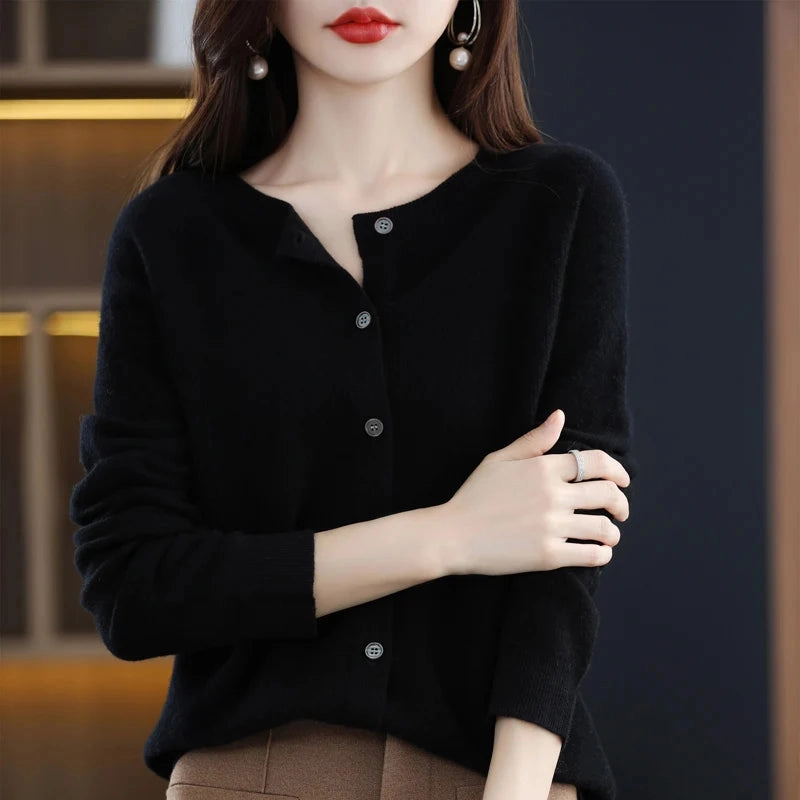 Spring and Autumn 100% Pure Merino Cashmere Sweater O-Neck Cardigan for Women