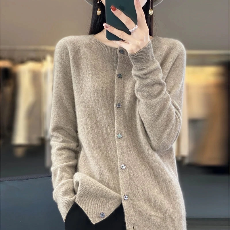 Spring and Autumn 100% Pure Merino Cashmere Sweater O-Neck Cardigan for Women