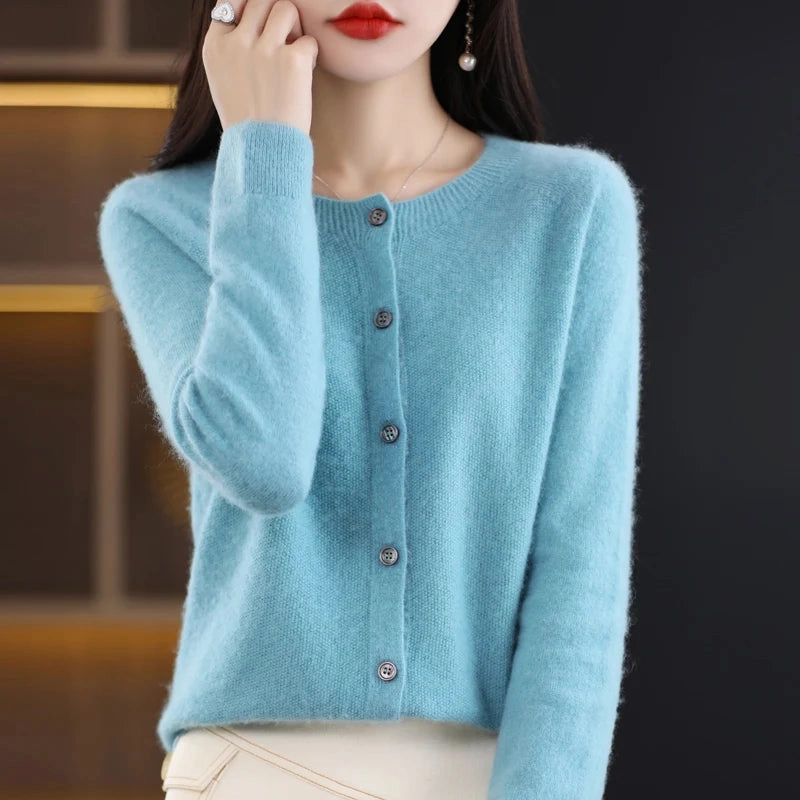 Spring and Autumn 100% Pure Merino Cashmere Sweater O-Neck Cardigan for Women