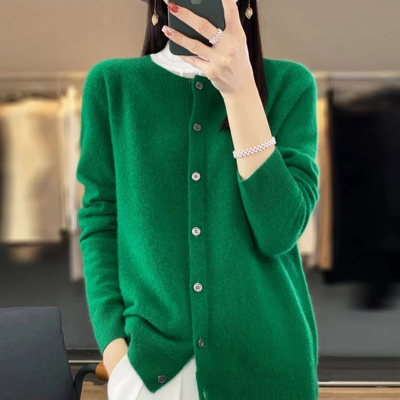 Spring and Autumn 100% Pure Merino Cashmere Sweater O-Neck Cardigan for Women