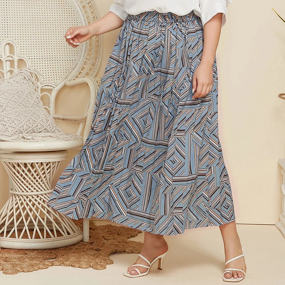 Spring and Autumn Plus Size Women's Geometric Print Pleated Skirt Long Loose Skirt JR119