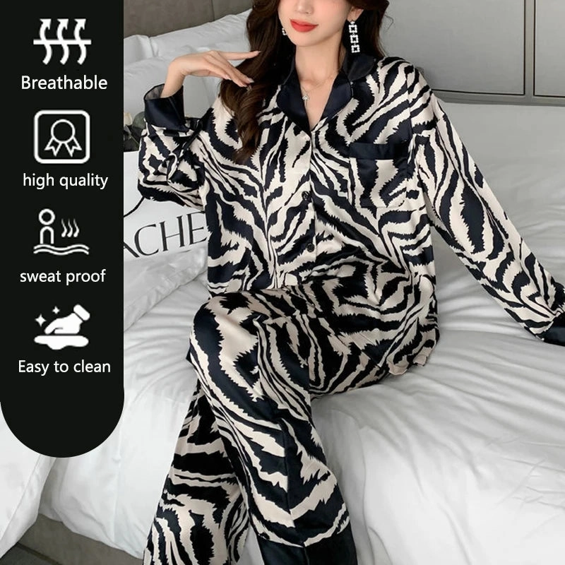 Spring and Fall Winter Pajamas Women Zebra Print Long Sleeve Set 2PCS Comfortable Home Wear Silk Sleepwear
