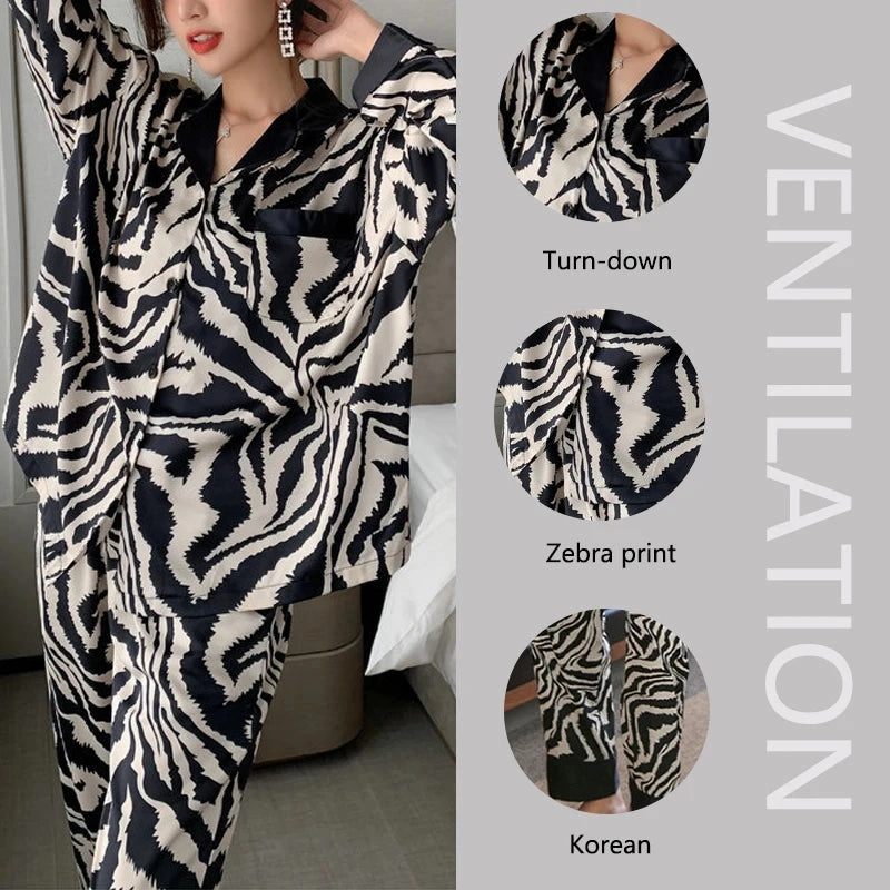 Spring and Fall Winter Pajamas Women Zebra Print Long Sleeve Set 2PCS Comfortable Home Wear Silk Sleepwear