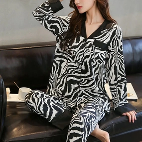 Spring and Fall Winter Pajamas Women Zebra Print Long Sleeve Set 2PCS Comfortable Home Wear Silk Sleepwear