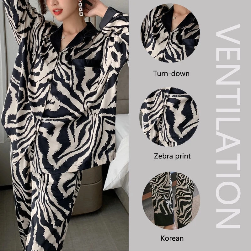Spring and Fall Winter Pajamas Women Zebra Print Long Sleeve Set 2PCS Comfortable Home Wear Silk Sleepwear