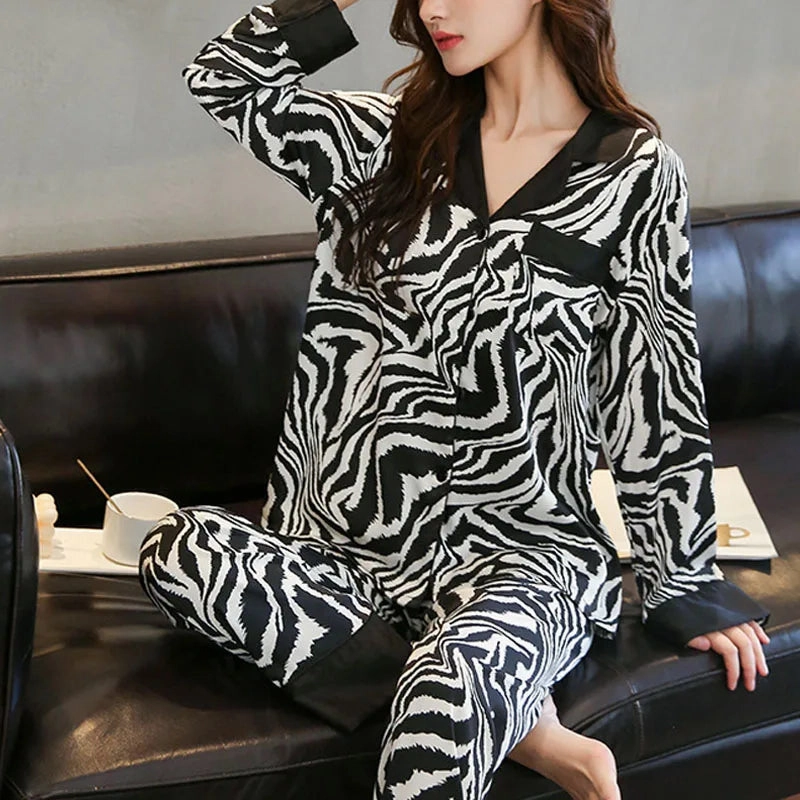 Spring and Fall Winter Pajamas Women Zebra Print Long Sleeve Set 2PCS Comfortable Home Wear Silk Sleepwear