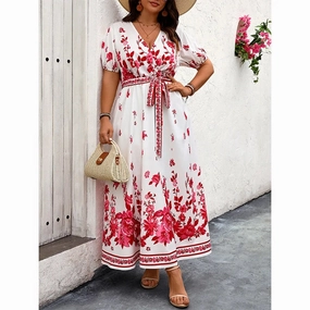 Spring And Summer New Vintage V-Neck Printed Dress Plus Size High Waist Slim Lantern Ankle-Length Bohemian Style