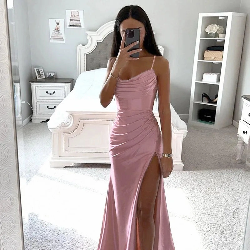 Spring and Summer Strapless Pleated Satin Dress for Women Slim Fit Backless Mid-Calf Dress for Parties and Clubwear