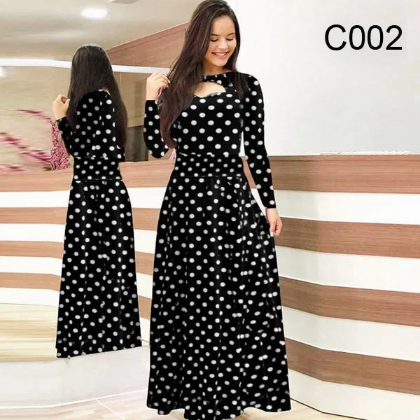 Spring /Autumn Fashion Flower Long Sleeved Dress for Women Elegant Maxi Robe