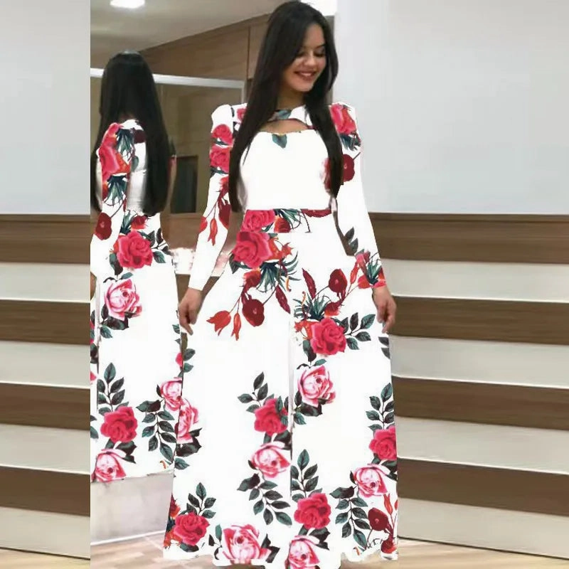Spring /Autumn Fashion Flower Long Sleeved Dress for Women Elegant Maxi Robe