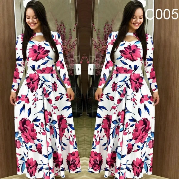 Spring /Autumn Fashion Flower Long Sleeved Dress for Women Elegant Maxi Robe