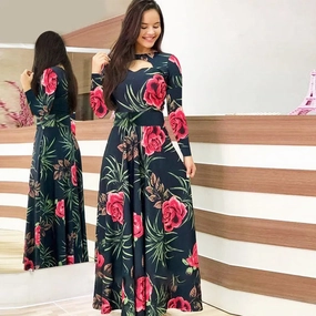 Spring /Autumn Fashion Flower Long Sleeved Dress for Women Elegant Maxi Robe