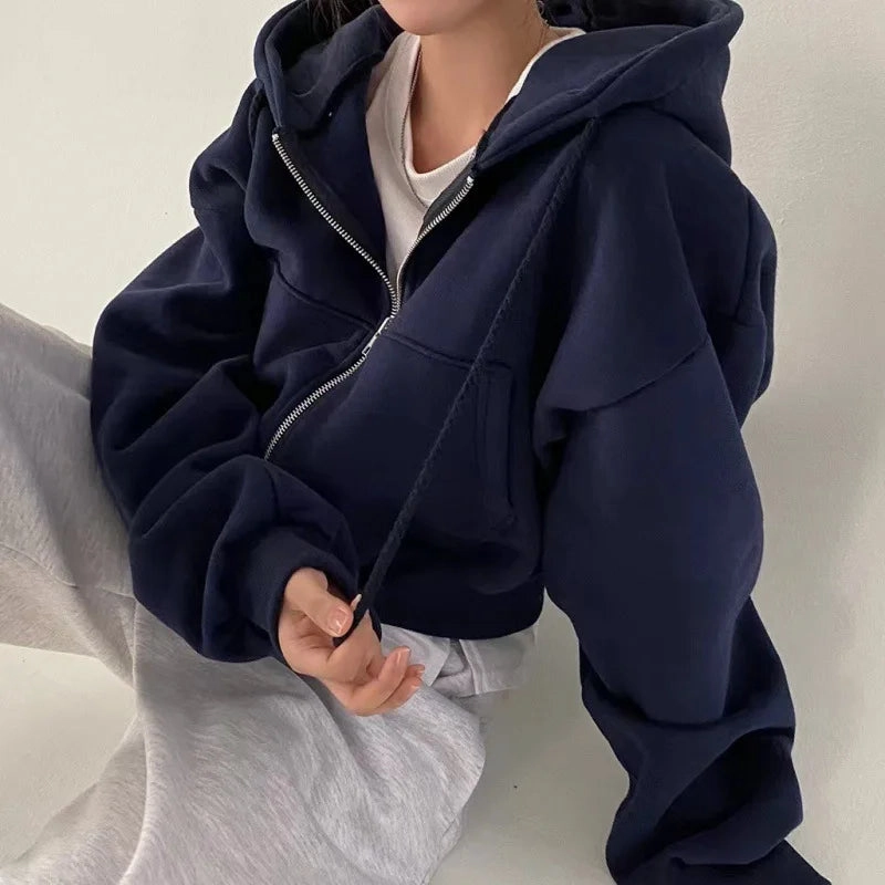 Spring Autumn Insfleece-lined Navy Blue Hooded Sweatshirt Women - Versatile Cropped Slim Fit Zip-up for Casual Comfort