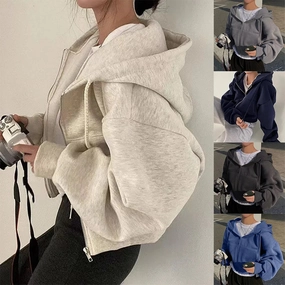 Spring Autumn Insfleece-lined Navy Blue Hooded Sweatshirt Women - Versatile Cropped Slim Fit Zip-up for Casual Comfort