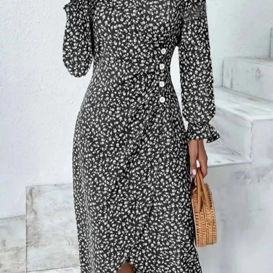Spring Floral Bodycon Midi Dress For Women V Neck Long Sleeve