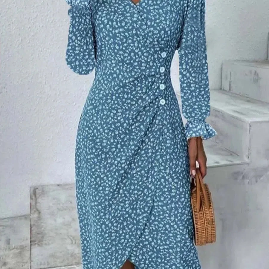 Spring Floral Bodycon Midi Dress For Women V Neck Long Sleeve