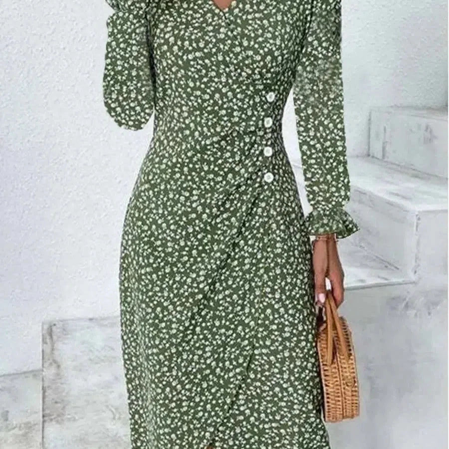 Spring Floral Bodycon Midi Dress For Women V Neck Long Sleeve
