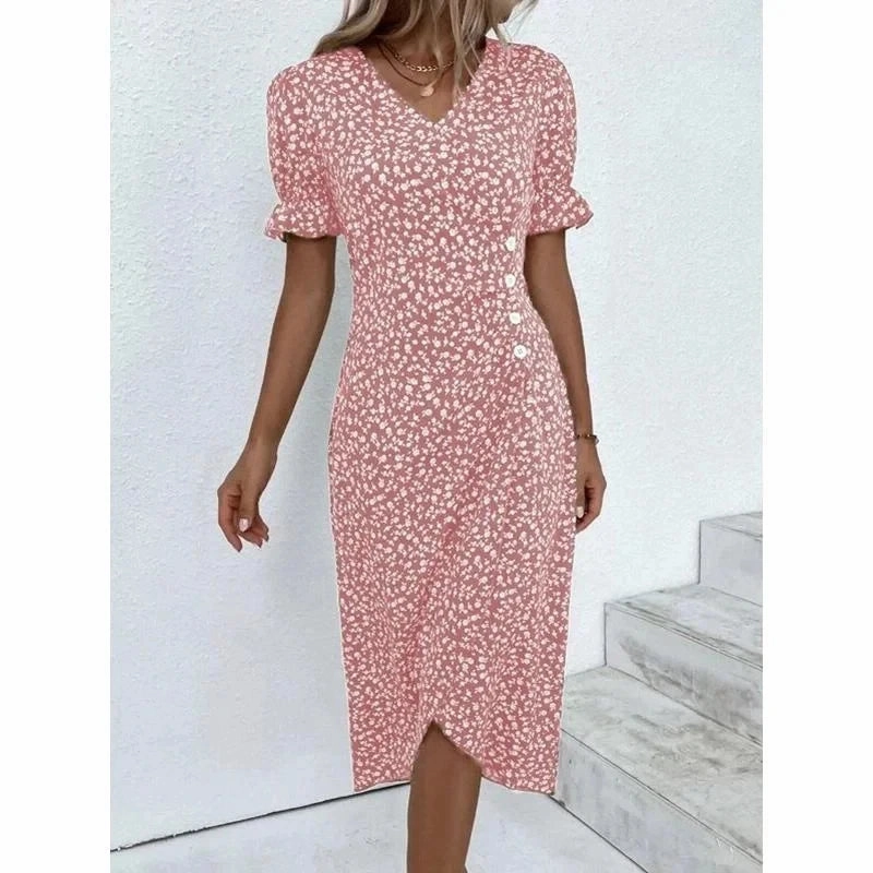 Spring Floral Bodycon Midi Dress For Women V Neck Long Sleeve