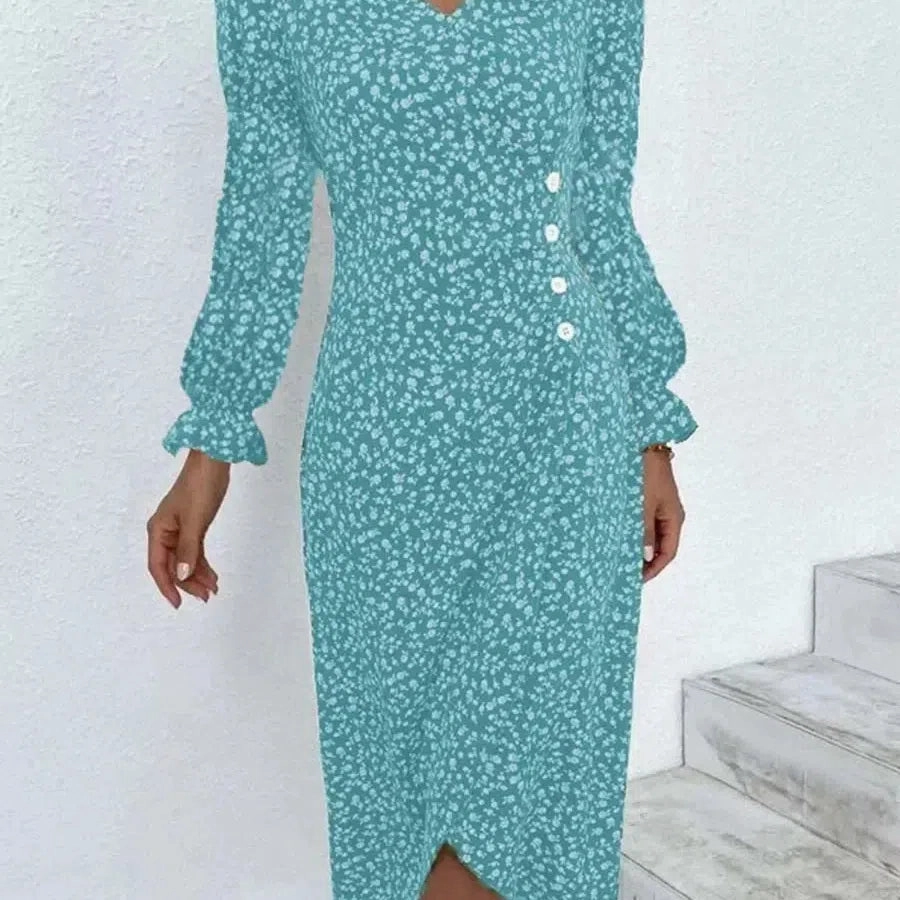 Spring Floral Bodycon Midi Dress For Women V Neck Long Sleeve