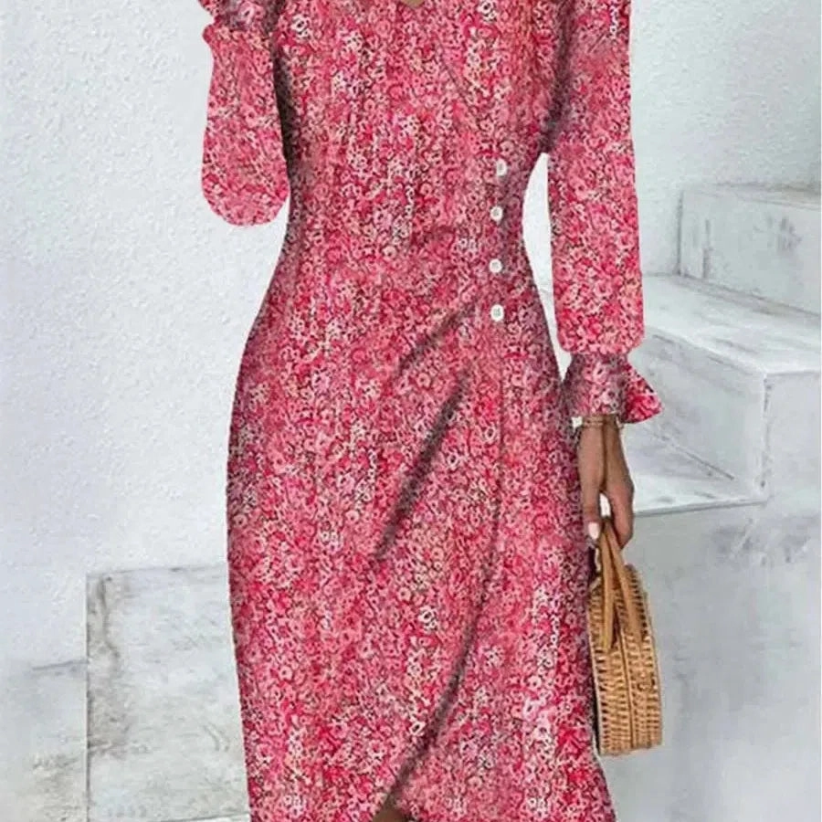 Spring Floral Bodycon Midi Dress For Women V Neck Long Sleeve