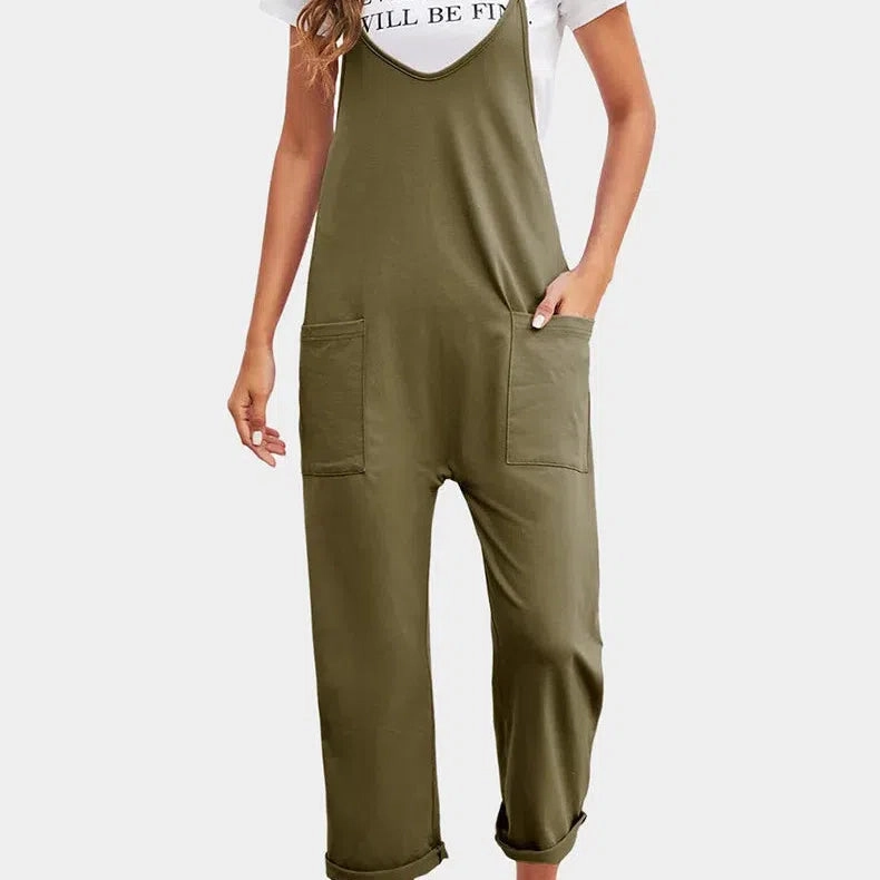 Spring New Women's Casual Pocket Pants Loose Strap Jumpsuit