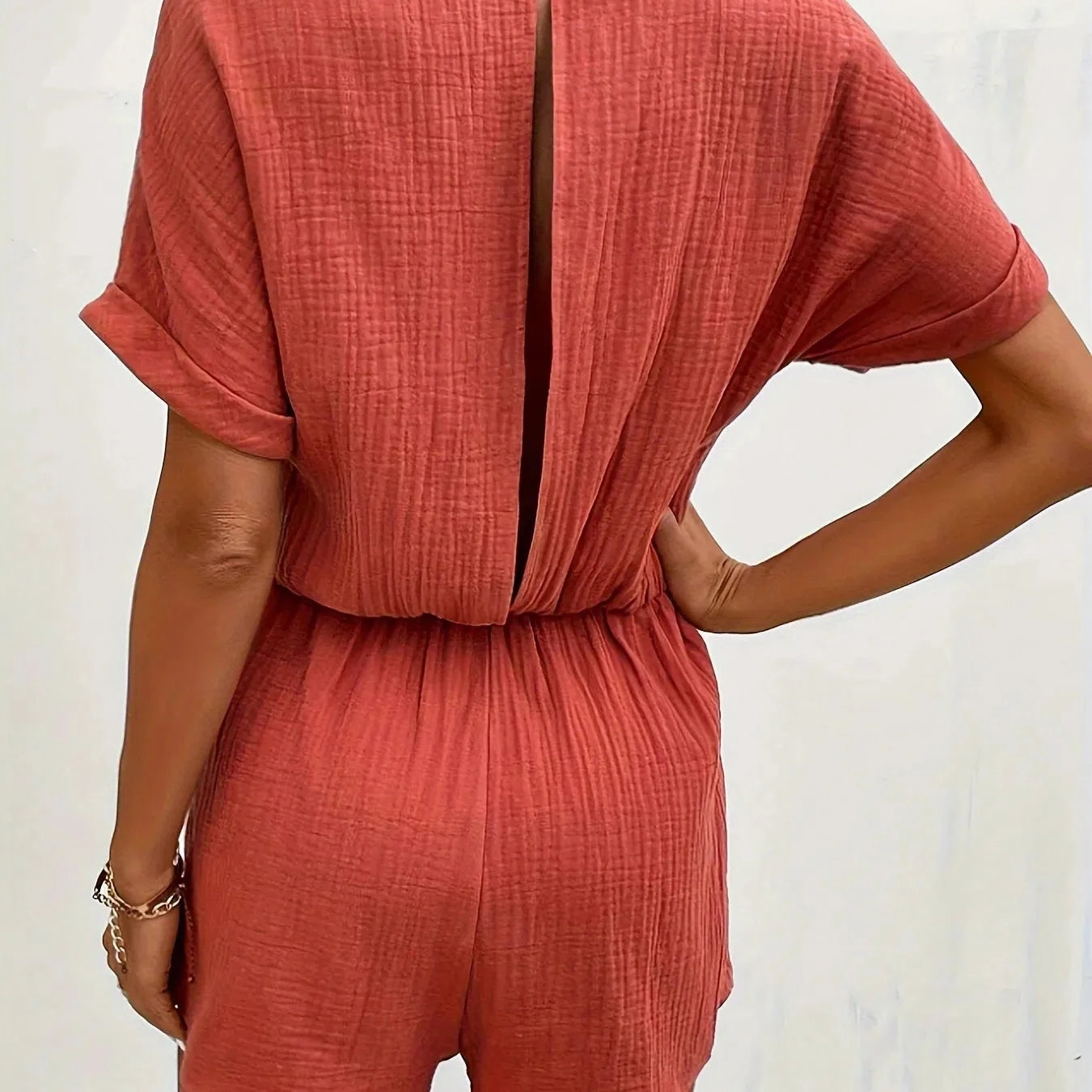 Spring/Summer New Solid Color Loose Short Sleeve Button Up Pocket Jumpsuit for Effortless Style