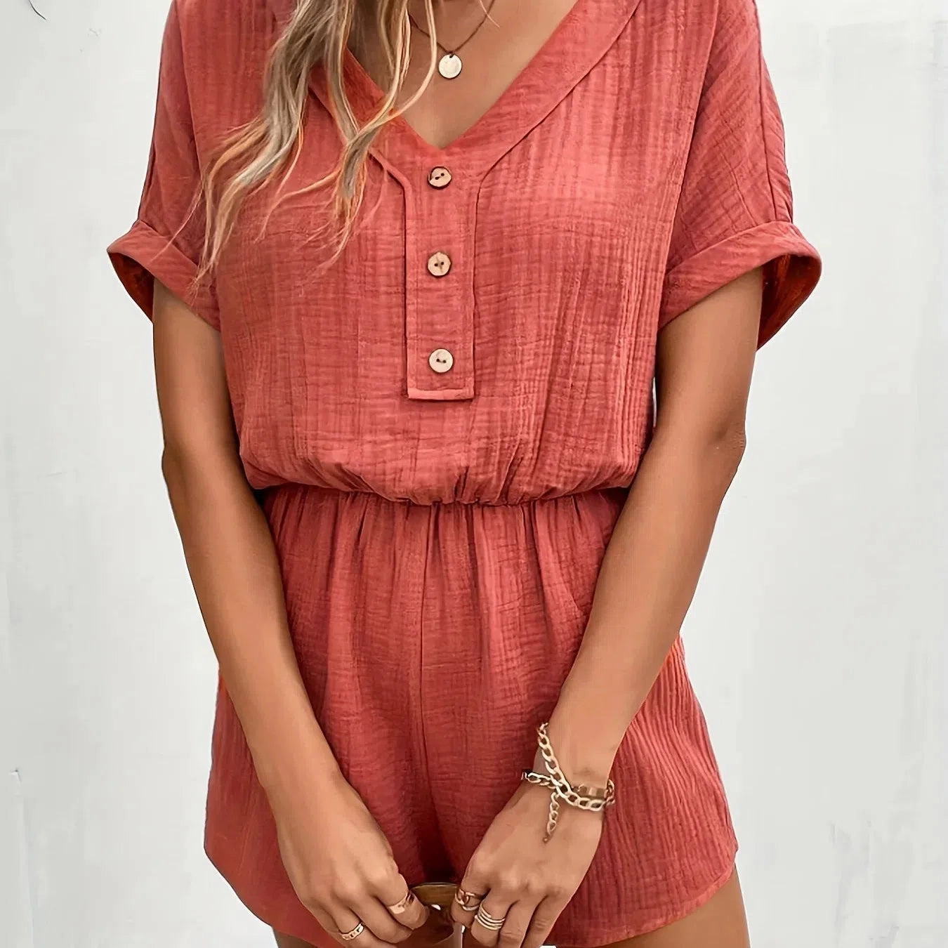 Spring/Summer New Solid Color Loose Short Sleeve Button Up Pocket Jumpsuit for Effortless Style