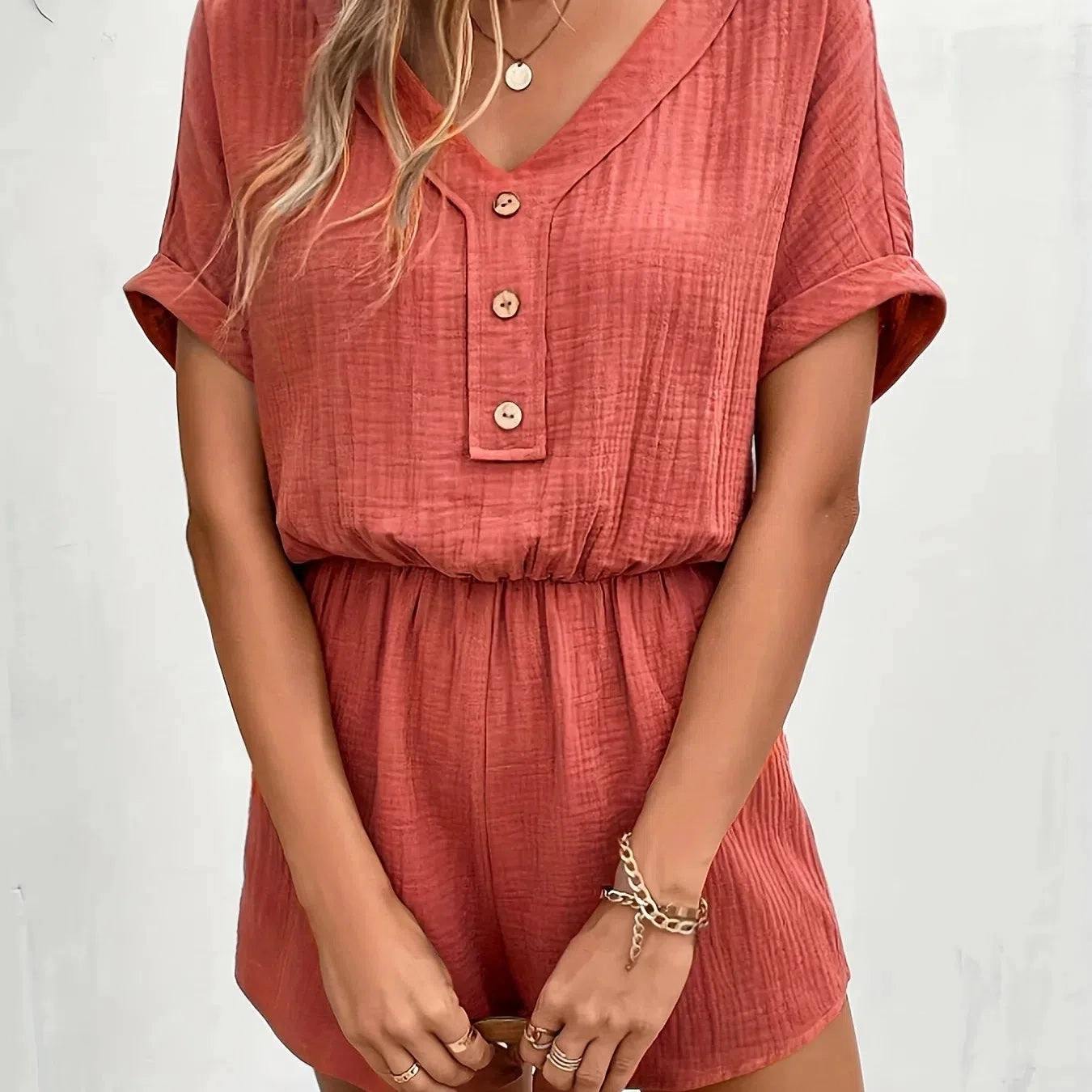 Spring/Summer New Solid Color Loose Short Sleeve Button Up Pocket Jumpsuit for Effortless Style