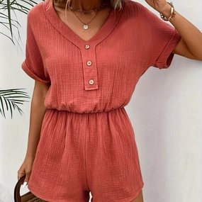 Spring/Summer New Solid Color Loose Short Sleeve Button Up Pocket Jumpsuit for Effortless Style
