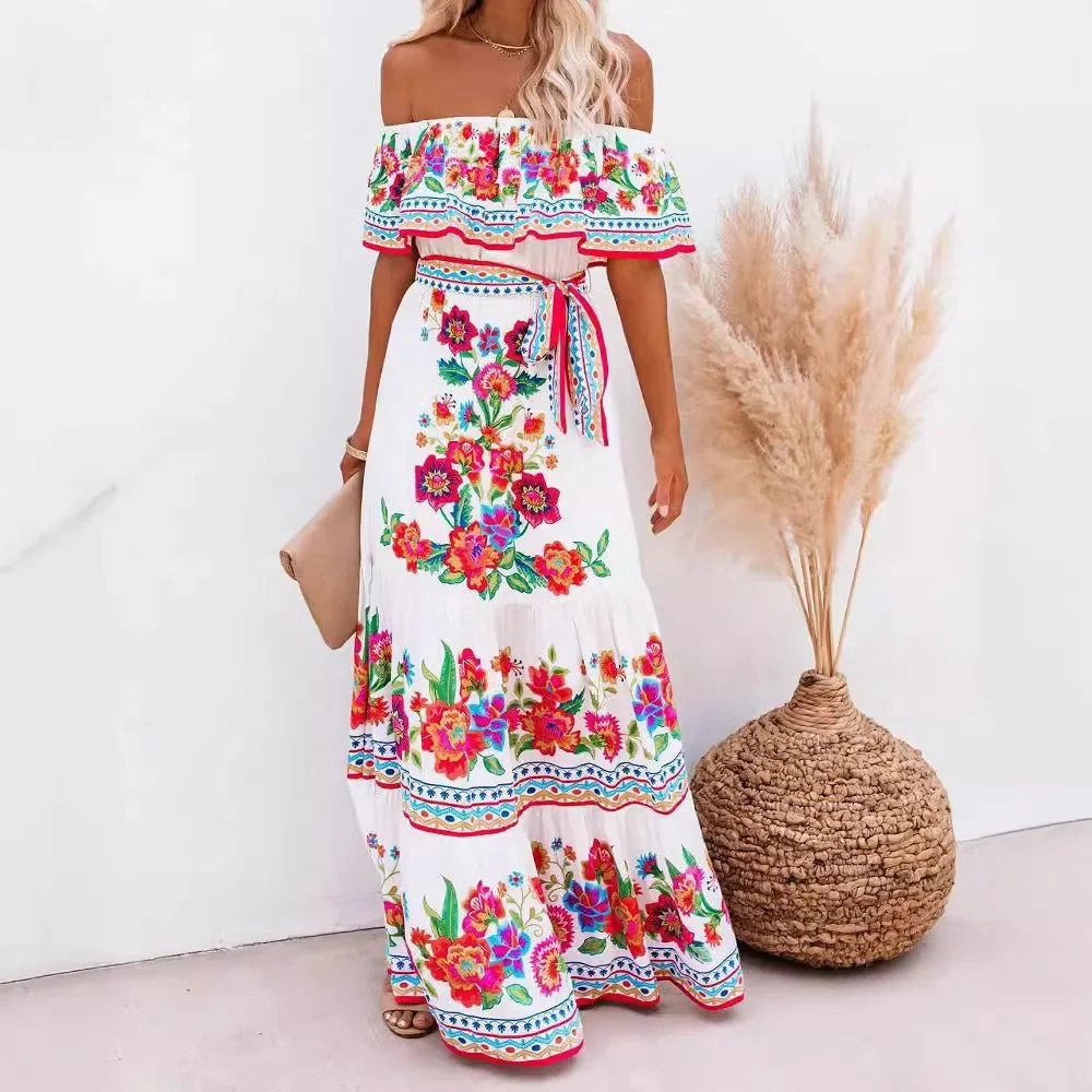Spring Summer Off Shoulder Maxi Dress with Red Flower Print Sleeveless Loose Fit Wide Hemline for Parties and Casual Wear