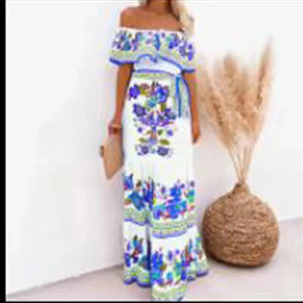 Spring Summer Off Shoulder Maxi Dress with Red Flower Print Sleeveless Loose Fit Wide Hemline for Parties and Casual Wear