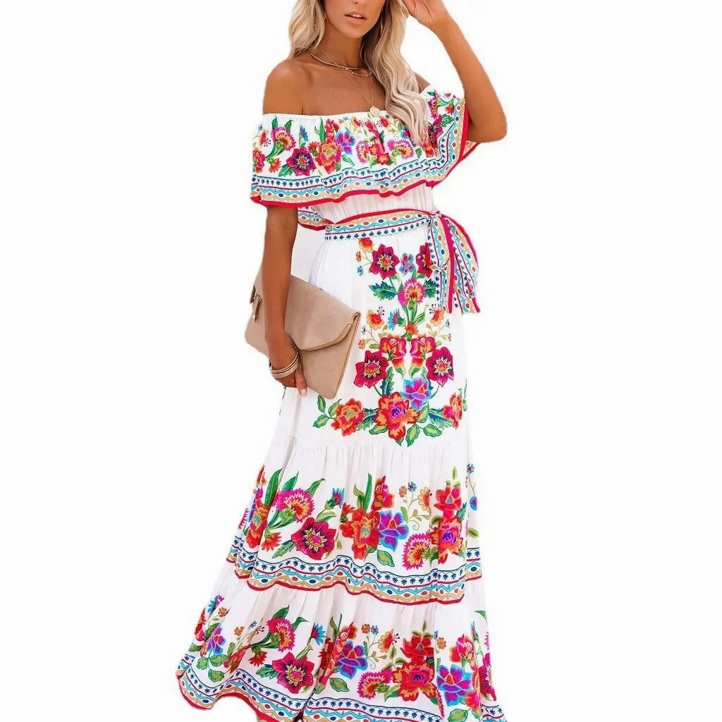 Spring Summer Off Shoulder Maxi Dress with Red Flower Print Sleeveless Loose Fit Wide Hemline for Parties and Casual Wear