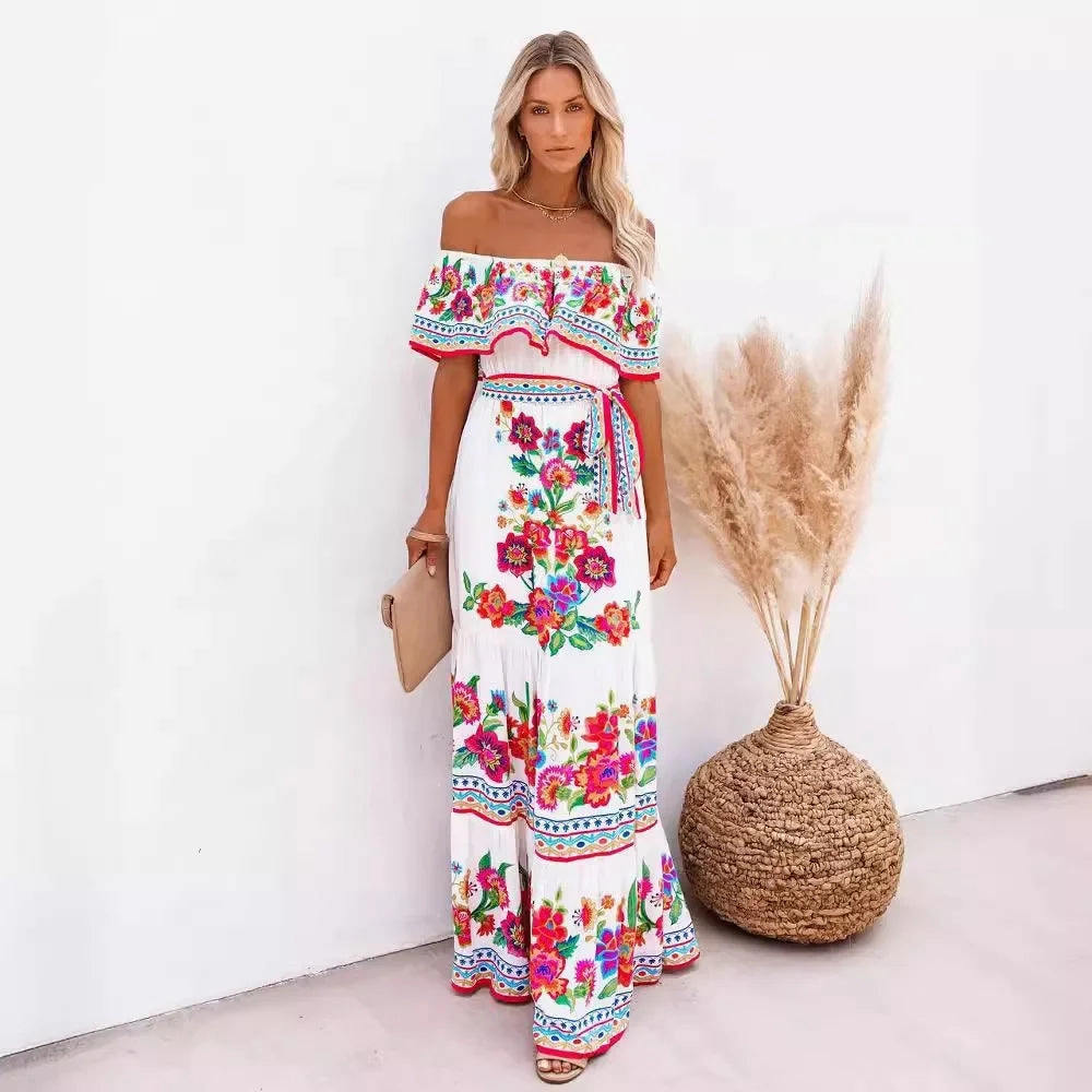 Spring Summer Off Shoulder Maxi Dress with Red Flower Print Sleeveless Loose Fit Wide Hemline for Parties and Casual Wear