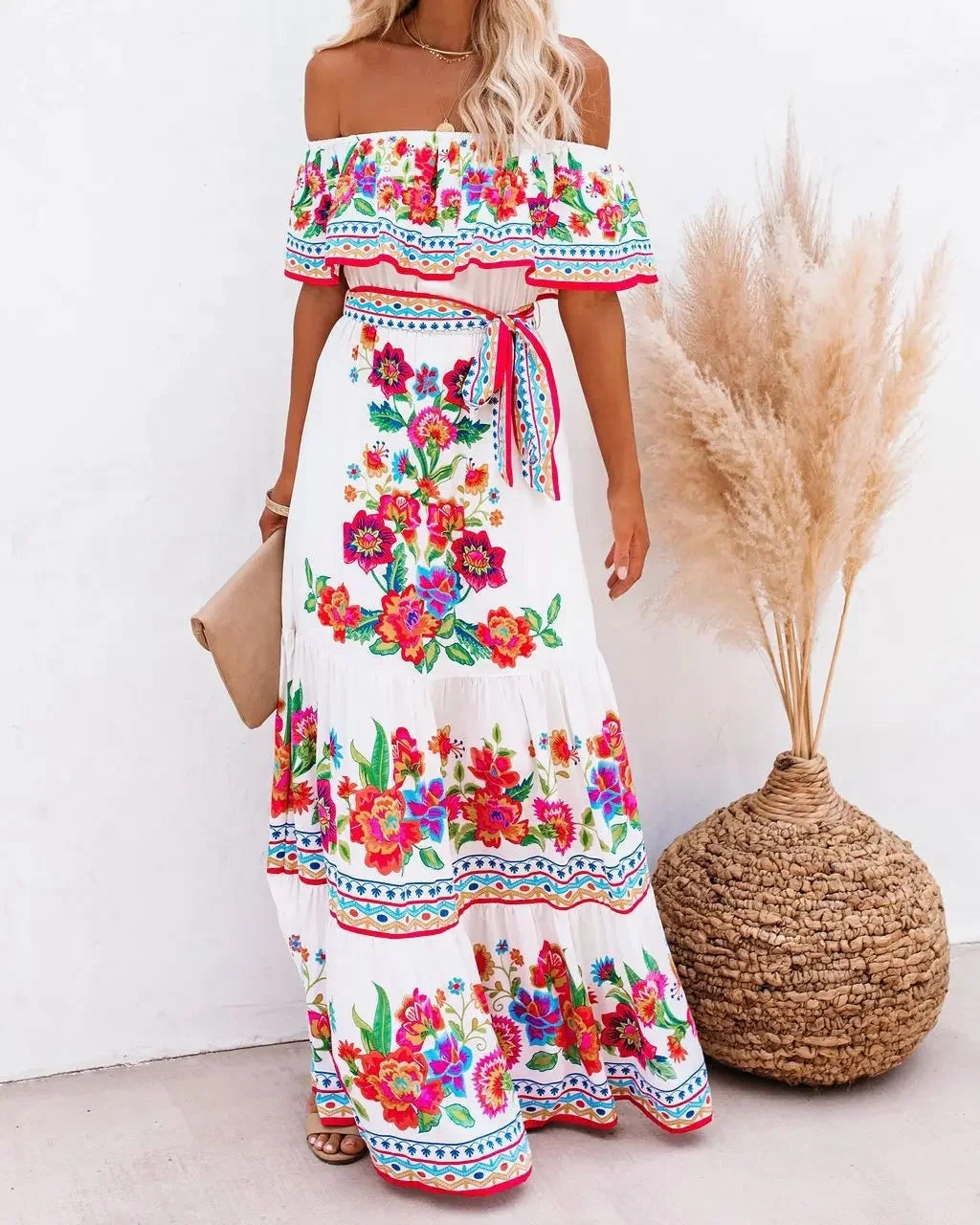 Spring Summer Off Shoulder Maxi Dress with Red Flower Print Sleeveless Loose Fit Wide Hemline for Parties and Casual Wear