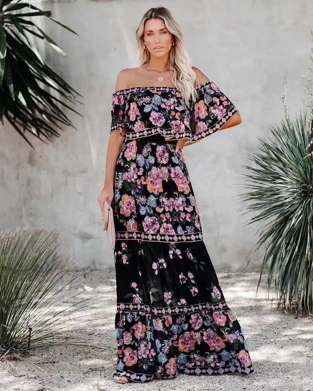 Spring Summer Off Shoulder Maxi Dress with Red Flower Print Sleeveless Loose Fit Wide Hemline for Parties and Casual Wear